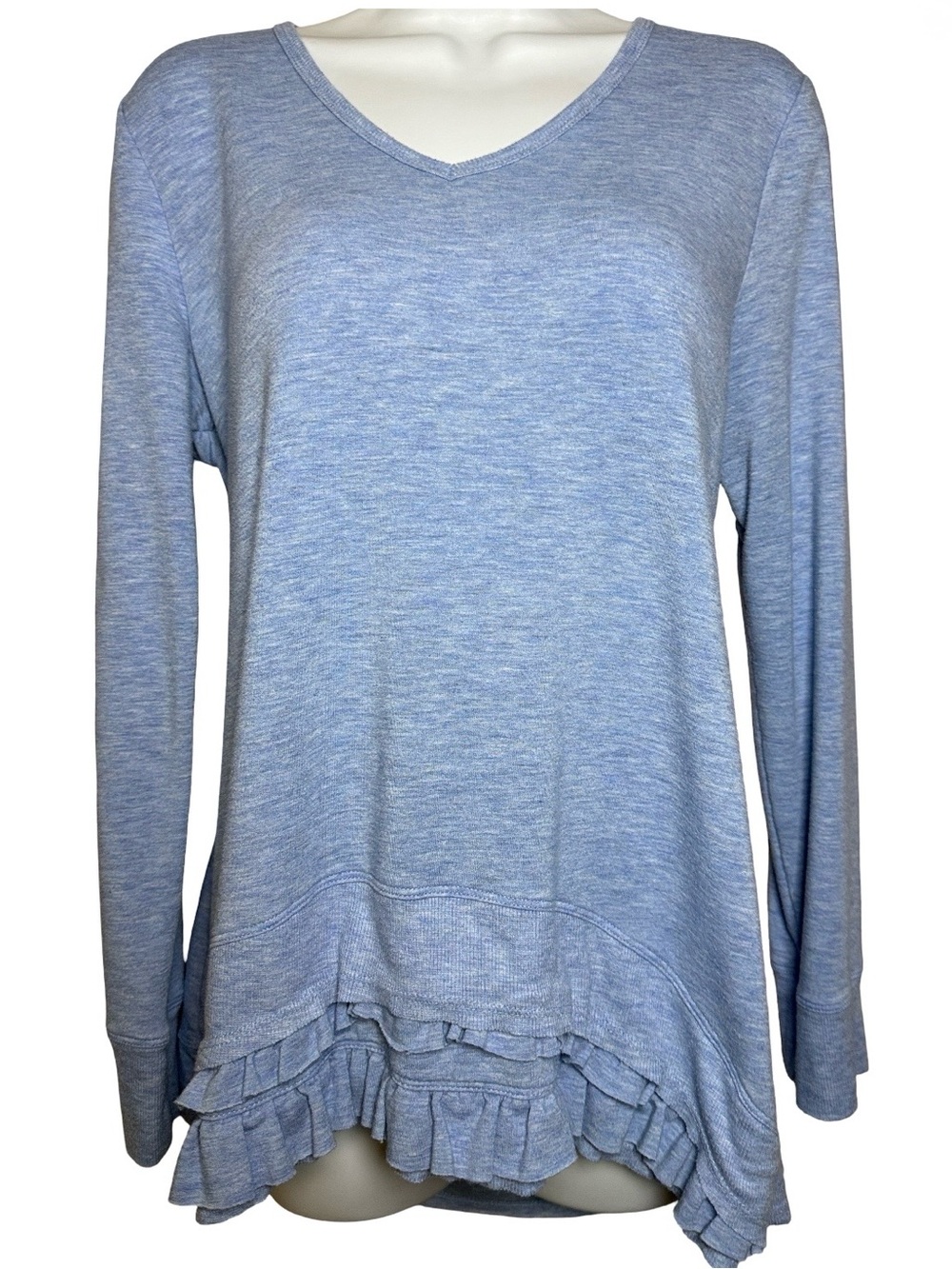 Cupio V Neck Ruffle Oversized Long Sleeve Blue Pullover Tunic Ladies Large